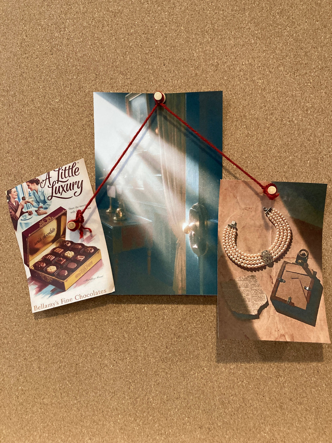 Mystery corkboard with three pinned clue photos connected by red string. Agatha Christie visual puzzle from the Murder Board quiz series number 2