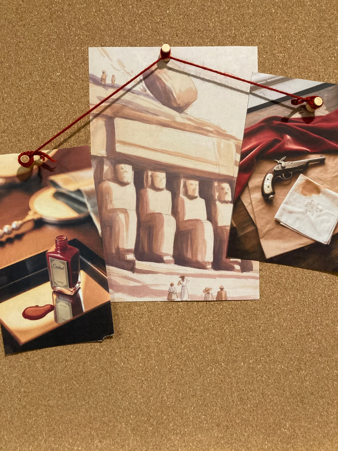 Murder Board quiz: a watercolor of an ancient temple, an evidence photo, and a crimson nail polish bottle on a corkboard. Agatha Christie.