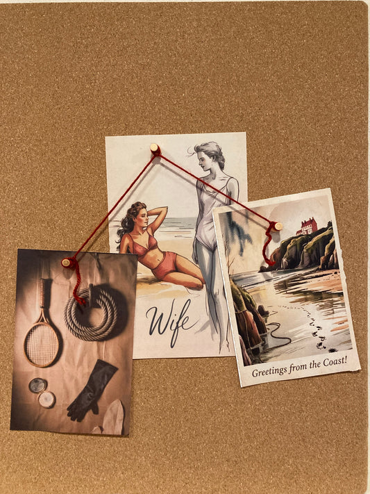 Mystery corkboard with pinned clue photos connected by red string. Agatha Christie visual puzzle from the Murder Board quiz series.